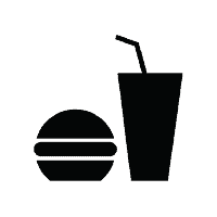 איור בצבע שחור של ארוחת המבורגר עם שתיה